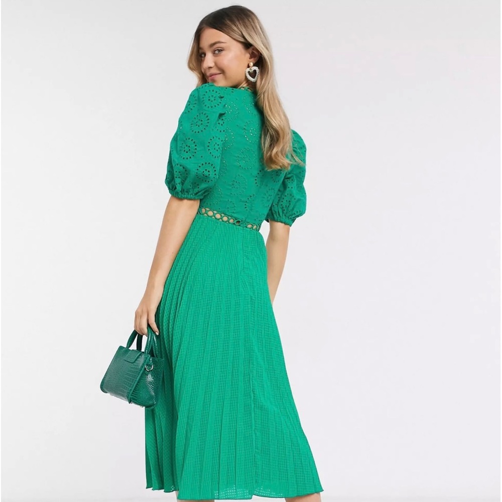 ASOS DESIGN broderie pleated midi tea dress with puff sleeve in emerald green